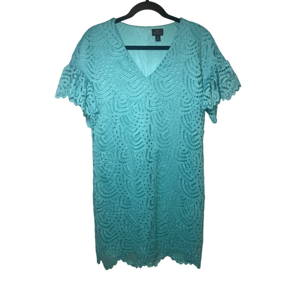 WORTHINGTON Size S Teal Lace Flutter Sleeve Scalloped Hem V-Neck Shift Dress - Picture 1 of 7